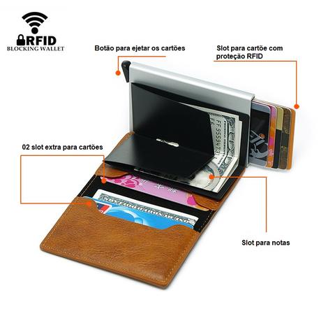 Carteira Slim Antifurto RFID com ejeção automática de cartões. - lojastmt